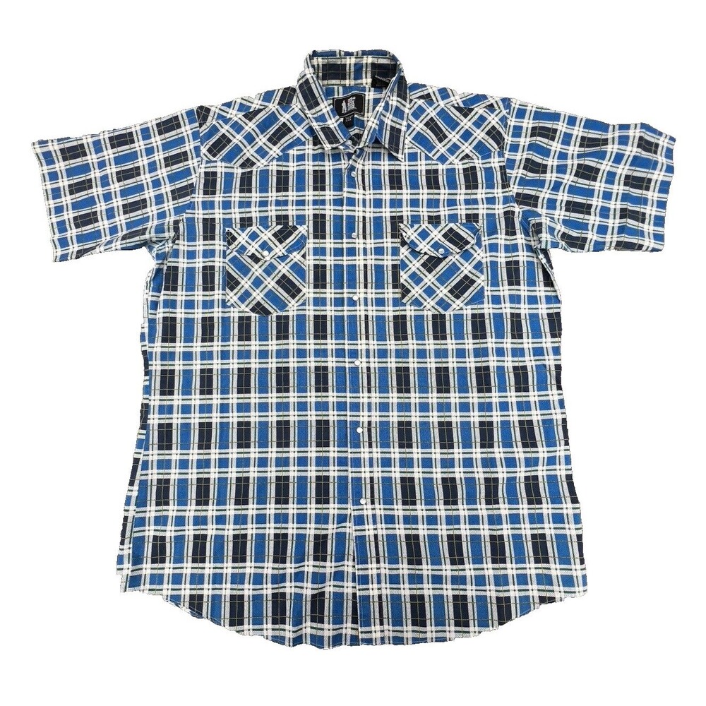 Rock Creek Ranch Mens Blue Plaid Pearl Snap ButtonShort Sleeve Shirt Size 2XLT